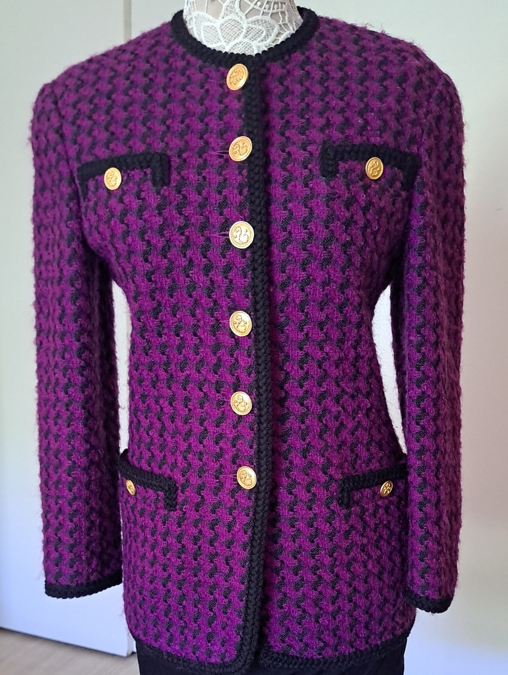 Mondi Purple and Black Houndstooth Knit Blazer with Gold Buttons